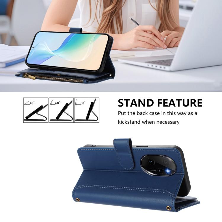 For Honor 100 Pro 5G Magnetic Closure 9 Card Slots Zipper Leather Case with Hand Strap
