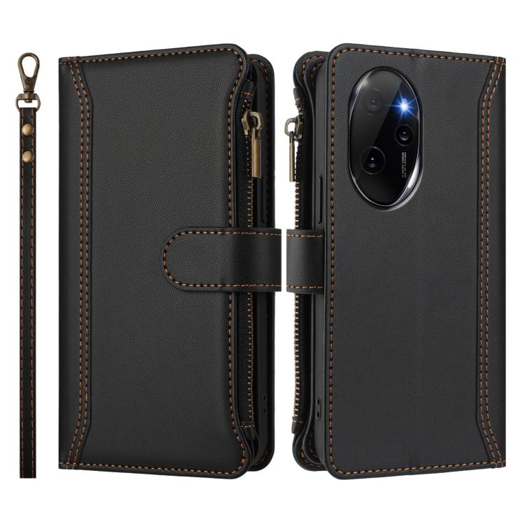For Honor 100 Pro 5G Magnetic Closure 9 Card Slots Zipper Leather Case with Hand Strap