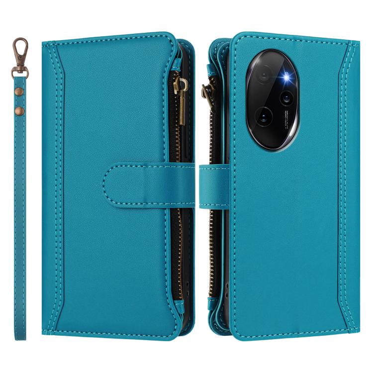 For Honor 100 Pro 5G Magnetic Closure 9 Card Slots Zipper Leather Case with Hand Strap