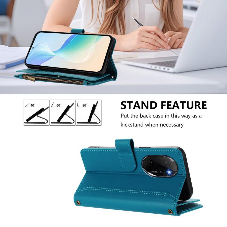 For Honor 100 Pro 5G Magnetic Closure 9 Card Slots Zipper Leather Case with Hand Strap