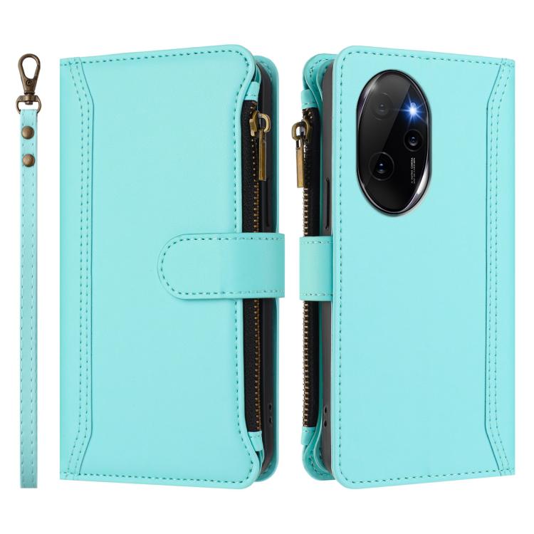 For Honor 100 Pro 5G Magnetic Closure 9 Card Slots Zipper Leather Case with Hand Strap