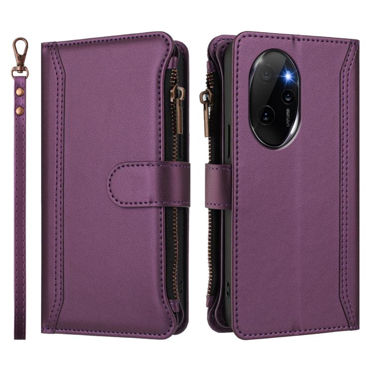 For Honor 100 Pro 5G Magnetic Closure 9 Card Slots Zipper Leather Case with Hand Strap