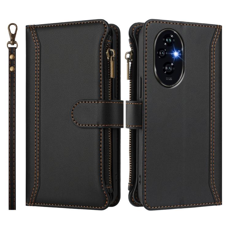 For Honor 200 5G Global Magnetic Closure 9 Card Slots Zipper Leather Case with Hand Strap