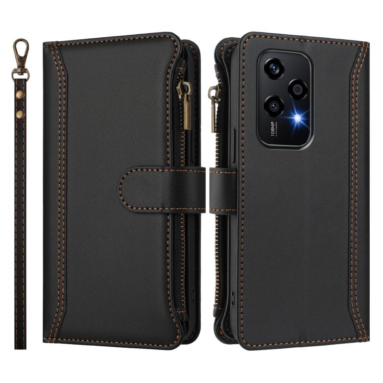 For Honor 200 Lite 5G Global Magnetic Closure 9 Card Slots Zipper Leather Case with Hand Strap