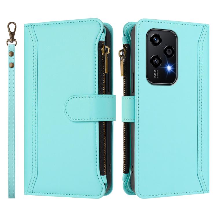 For Honor 200 Lite 5G Global Magnetic Closure 9 Card Slots Zipper Leather Case with Hand Strap