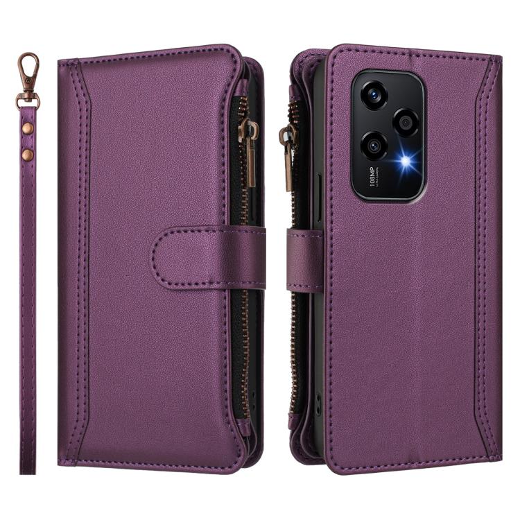 For Honor 200 Lite 5G Global Magnetic Closure 9 Card Slots Zipper Leather Case with Hand Strap