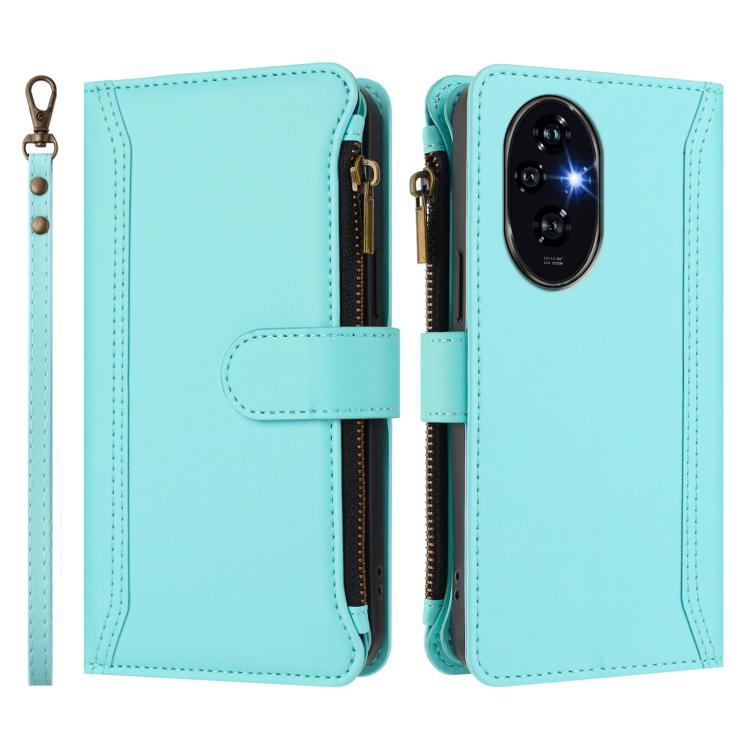 For Honor 200 Pro 5G Global Magnetic Closure 9 Card Slots Zipper Leather Case with Hand Strap