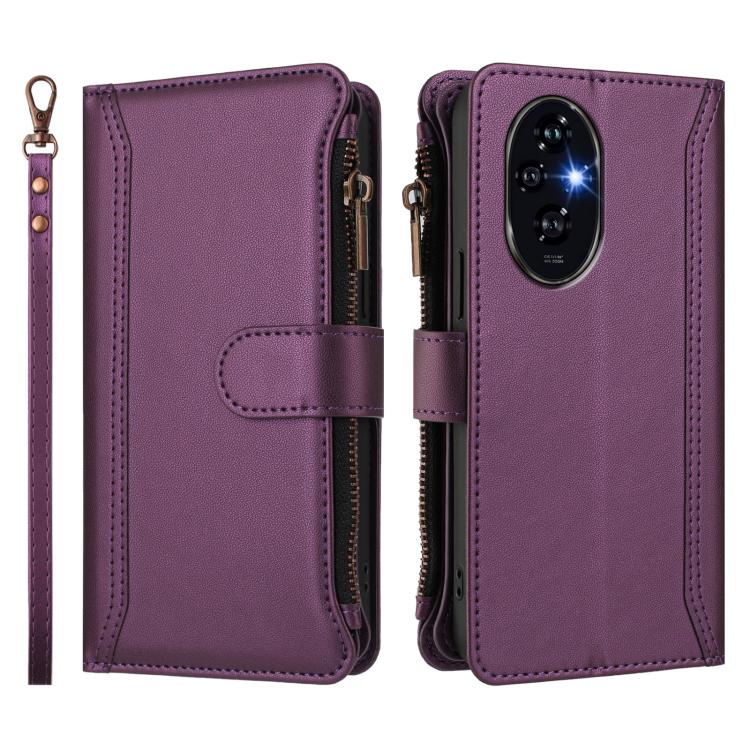 For Honor 200 Pro 5G Global Magnetic Closure 9 Card Slots Zipper Leather Case with Hand Strap