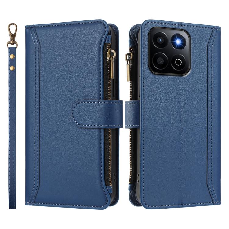 For Honor 200 Smart 5G Global Magnetic Closure 9 Card Slots Zipper Leather Case with Hand Strap