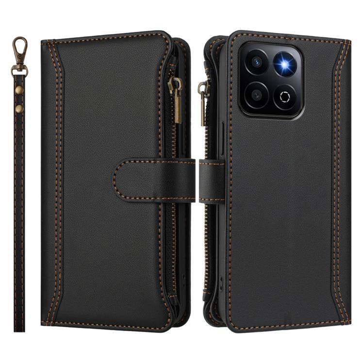 For Honor 200 Smart 5G Global Magnetic Closure 9 Card Slots Zipper Leather Case with Hand Strap