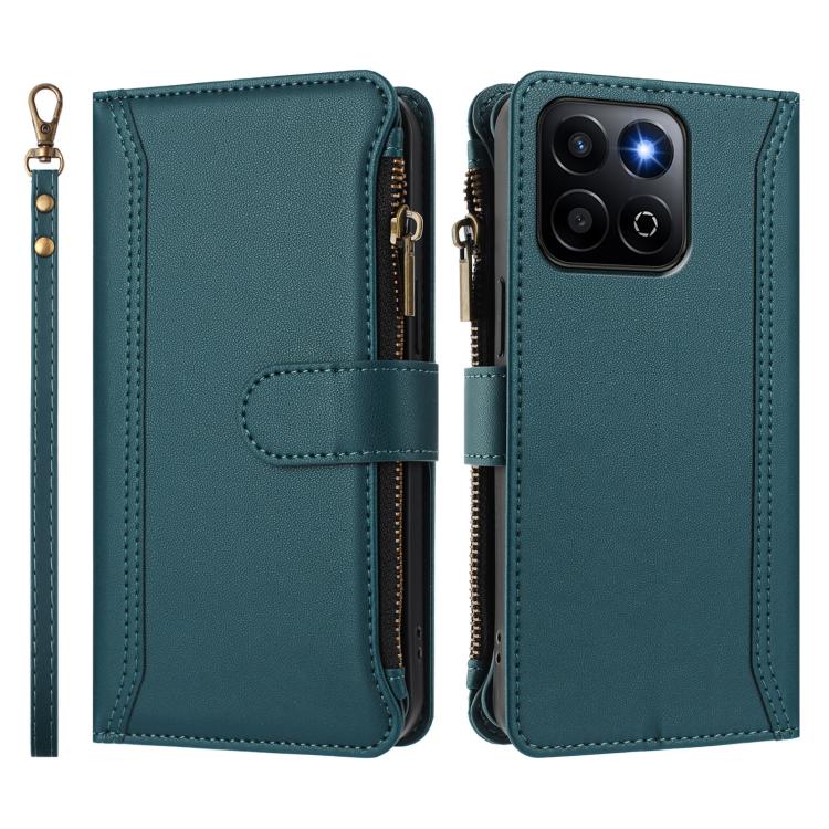 For Honor 200 Smart 5G Global Magnetic Closure 9 Card Slots Zipper Leather Case with Hand Strap