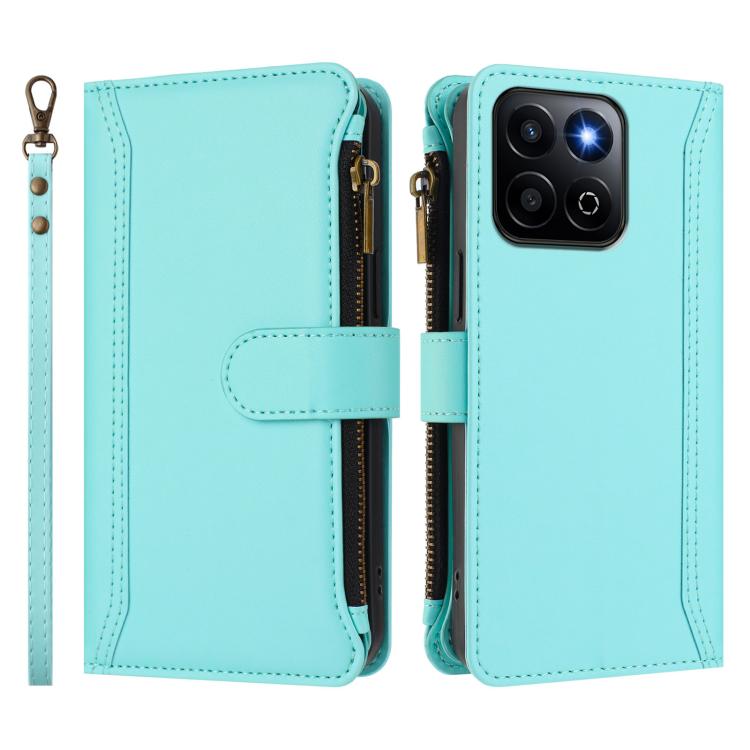 For Honor 200 Smart 5G Global Magnetic Closure 9 Card Slots Zipper Leather Case with Hand Strap