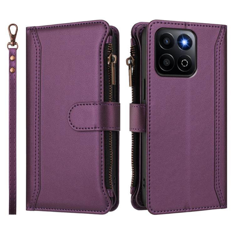 For Honor 200 Smart 5G Global Magnetic Closure 9 Card Slots Zipper Leather Case with Hand Strap