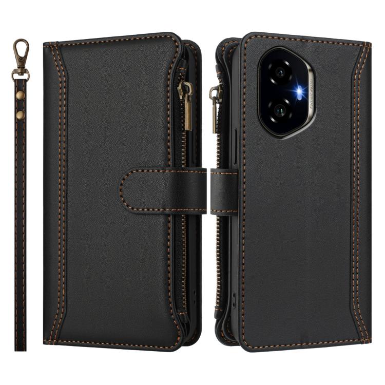 For Honor 300 5G Magnetic Closure 9 Card Slots Zipper Leather Case with Hand Strap