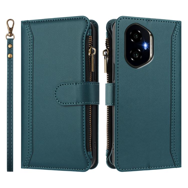 For Honor 300 5G Magnetic Closure 9 Card Slots Zipper Leather Case with Hand Strap