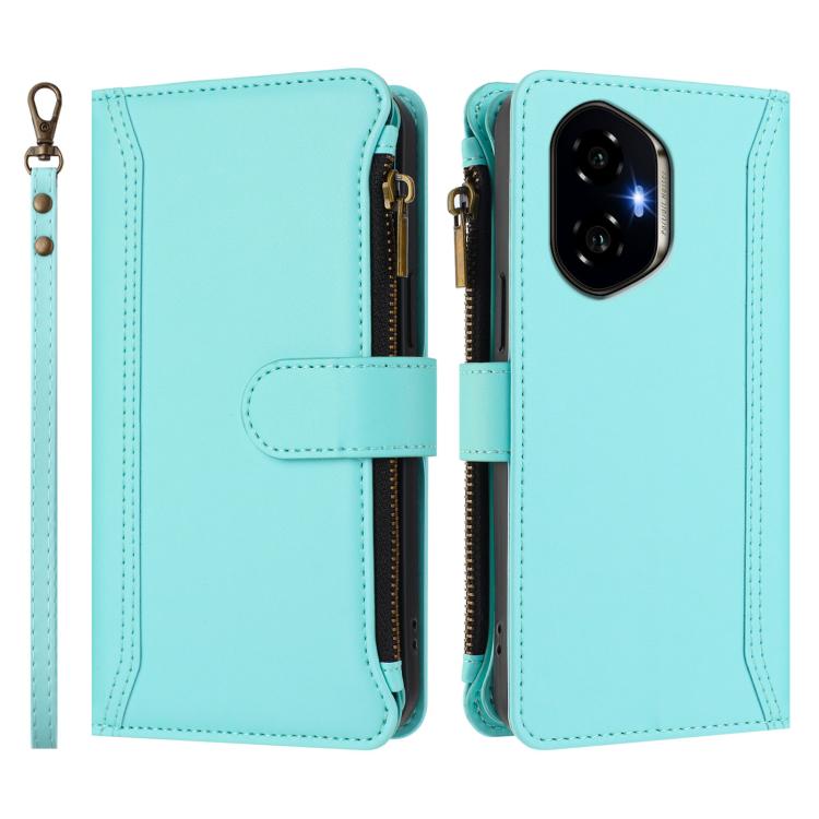 For Honor 300 5G Magnetic Closure 9 Card Slots Zipper Leather Case with Hand Strap
