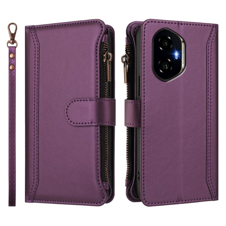 For Honor 300 5G Magnetic Closure 9 Card Slots Zipper Leather Case with Hand Strap