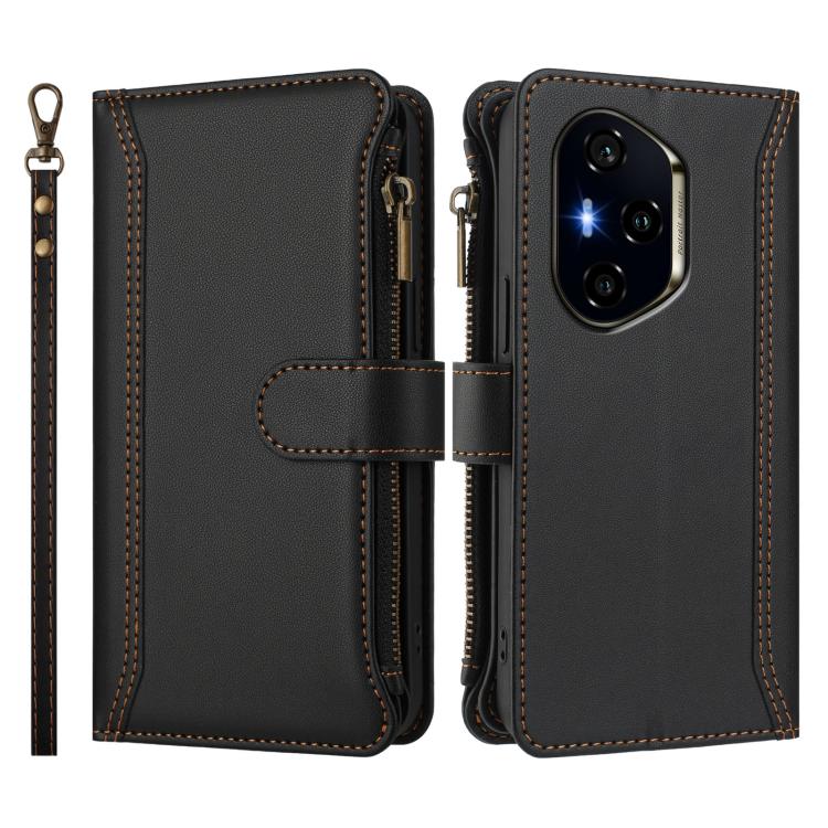 For Honor 400 Global 156.5mm Magnetic Closure 9 Card Slots Zipper Leather Case with Hand Strap