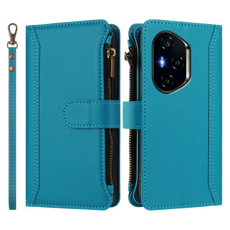 For Honor 400 Global 156.5mm Magnetic Closure 9 Card Slots Zipper Leather Case with Hand Strap
