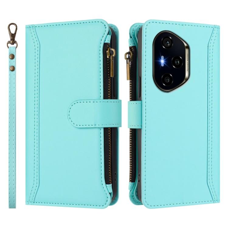 For Honor 400 Global 156.5mm Magnetic Closure 9 Card Slots Zipper Leather Case with Hand Strap
