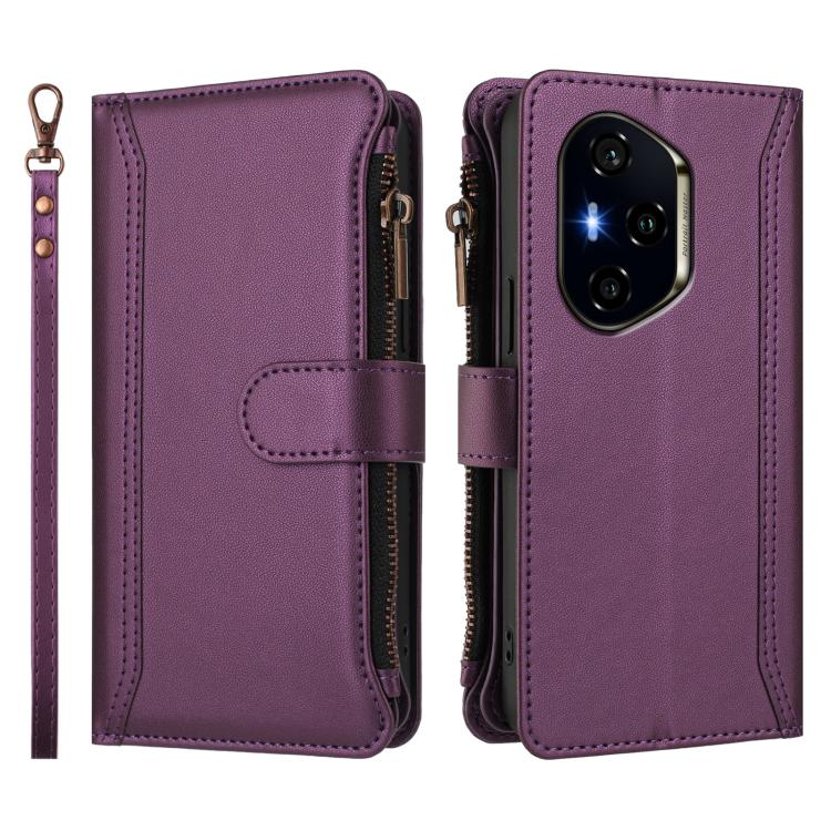For Honor 400 Global 156.5mm Magnetic Closure 9 Card Slots Zipper Leather Case with Hand Strap