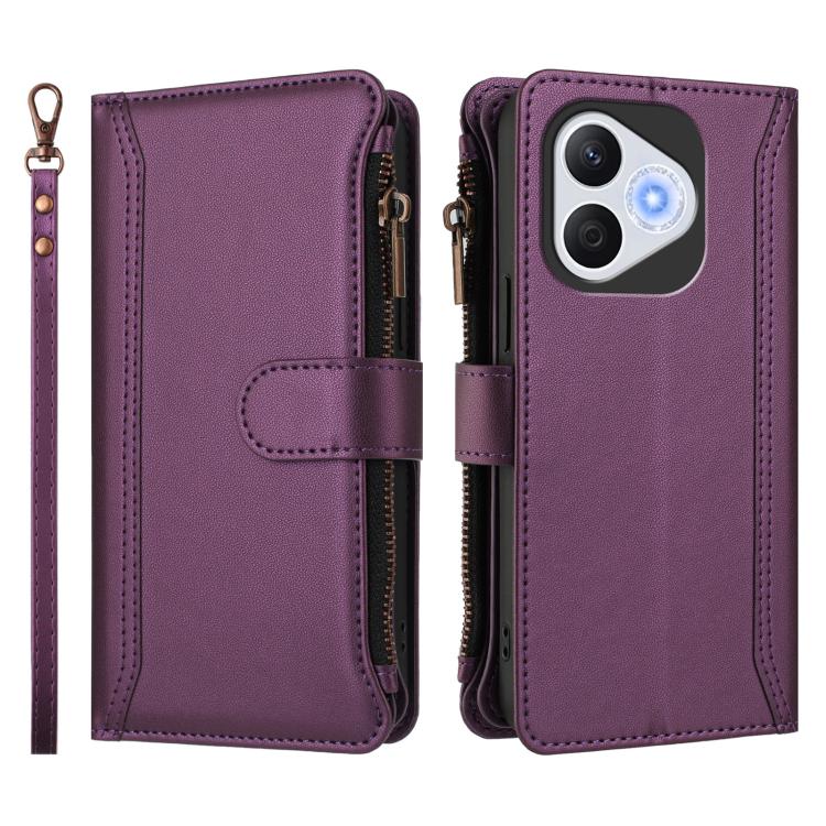 For Honor 400 Lite Global Magnetic Closure 9 Card Slots Zipper Leather Case with Hand Strap