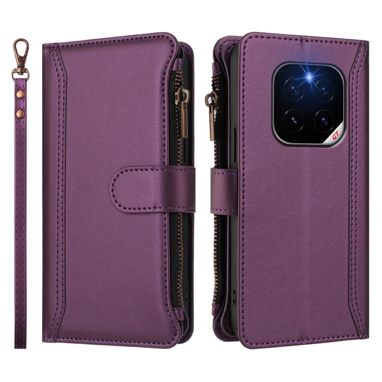 For Honor GT Pro 5G Magnetic Closure 9 Card Slots Zipper Leather Case with Hand Strap