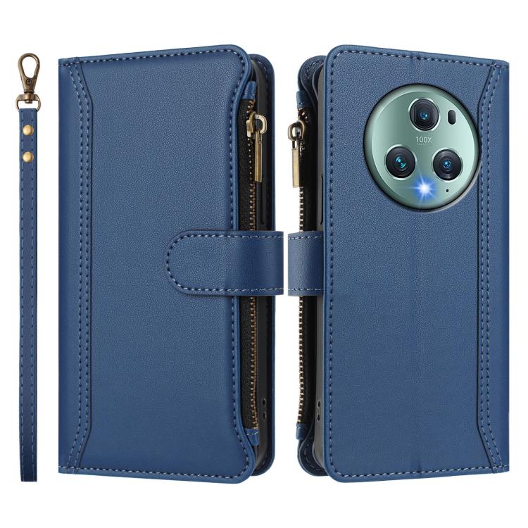 For Honor Magic5 Pro Magnetic Closure 9 Card Slots Zipper Leather Case with Hand Strap