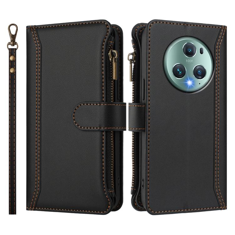 For Honor Magic5 Pro Magnetic Closure 9 Card Slots Zipper Leather Case with Hand Strap