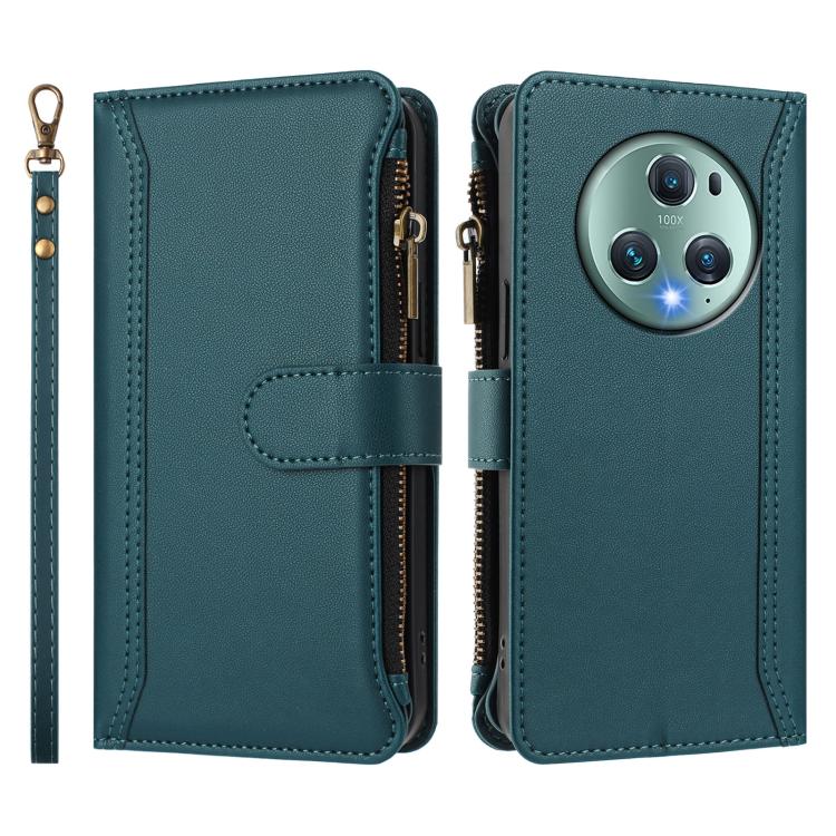 For Honor Magic5 Pro Magnetic Closure 9 Card Slots Zipper Leather Case with Hand Strap