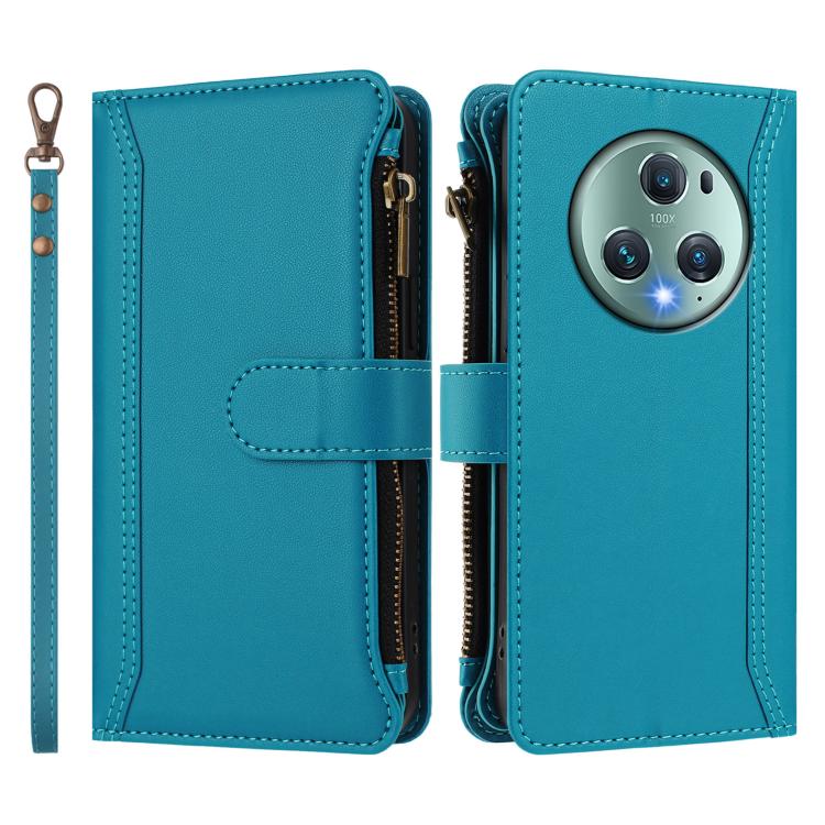For Honor Magic5 Pro Magnetic Closure 9 Card Slots Zipper Leather Case with Hand Strap