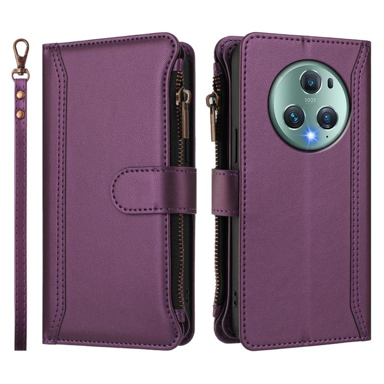 For Honor Magic5 Pro Magnetic Closure 9 Card Slots Zipper Leather Case with Hand Strap