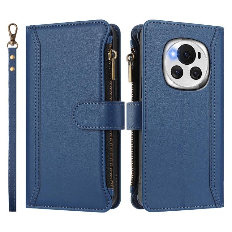 For Honor Magic6 5G Global Magnetic Closure 9 Card Slots Zipper Leather Case with Hand Strap