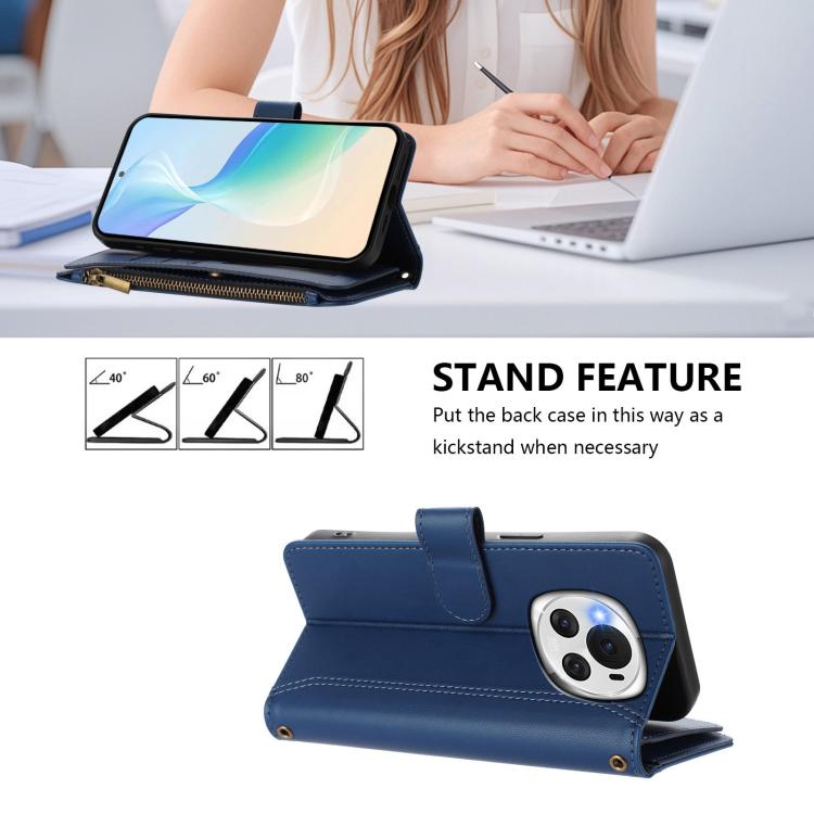 For Honor Magic6 5G Global Magnetic Closure 9 Card Slots Zipper Leather Case with Hand Strap
