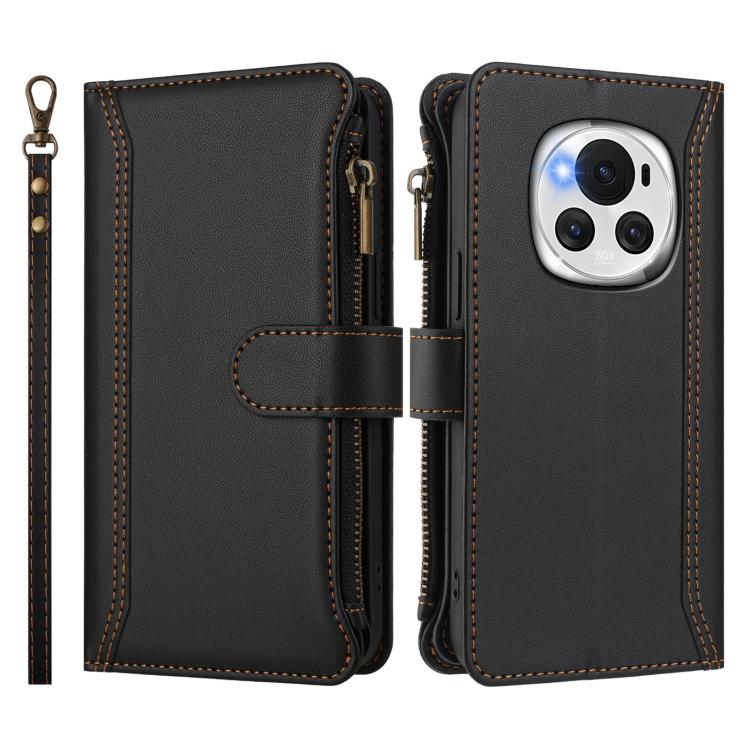 For Honor Magic6 5G Global Magnetic Closure 9 Card Slots Zipper Leather Case with Hand Strap