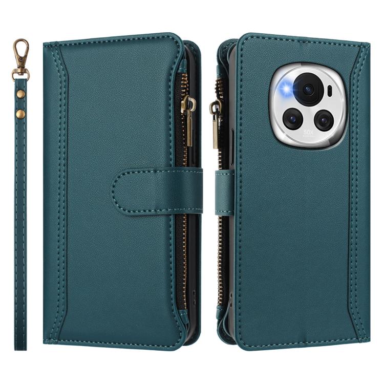 For Honor Magic6 5G Global Magnetic Closure 9 Card Slots Zipper Leather Case with Hand Strap