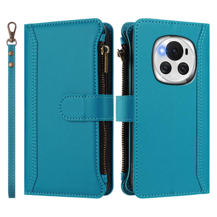 For Honor Magic6 5G Global Magnetic Closure 9 Card Slots Zipper Leather Case with Hand Strap
