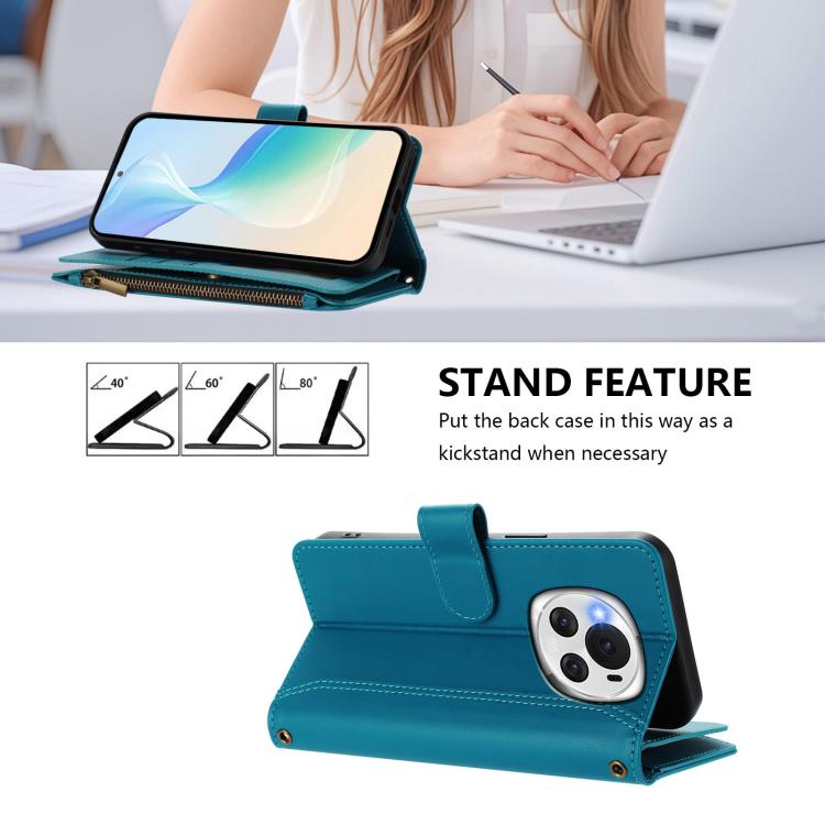 For Honor Magic6 5G Global Magnetic Closure 9 Card Slots Zipper Leather Case with Hand Strap