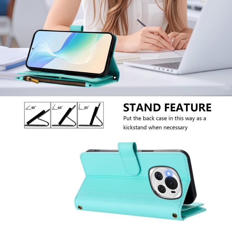 For Honor Magic6 5G Global Magnetic Closure 9 Card Slots Zipper Leather Case with Hand Strap