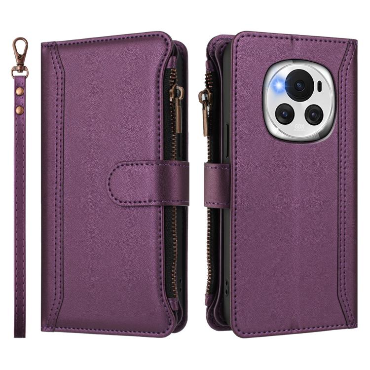 For Honor Magic6 5G Global Magnetic Closure 9 Card Slots Zipper Leather Case with Hand Strap