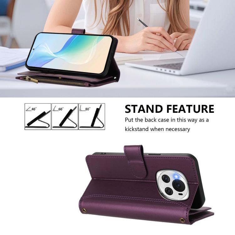For Honor Magic6 5G Global Magnetic Closure 9 Card Slots Zipper Leather Case with Hand Strap
