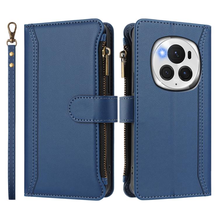 For Honor Magic6 Pro 5G Global Magnetic Closure 9 Card Slots Zipper Leather Case with Hand Strap