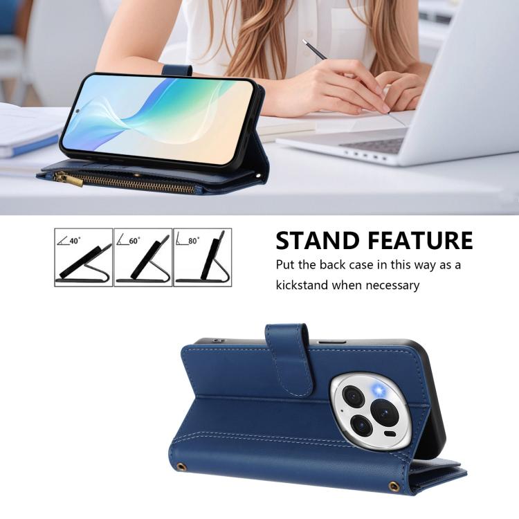 For Honor Magic6 Pro 5G Global Magnetic Closure 9 Card Slots Zipper Leather Case with Hand Strap