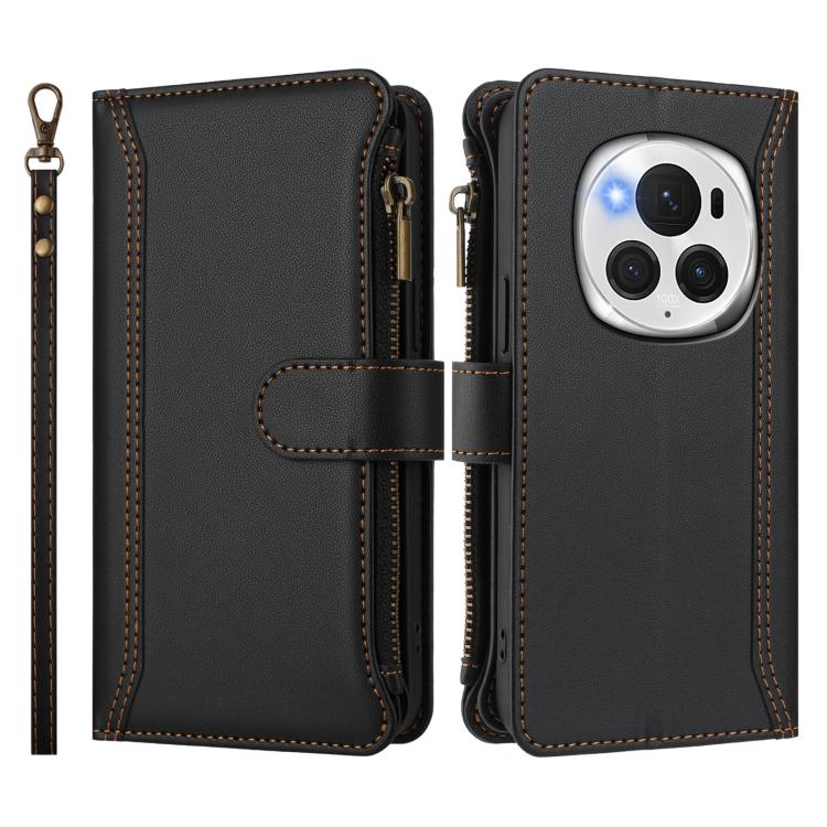 For Honor Magic6 Pro 5G Global Magnetic Closure 9 Card Slots Zipper Leather Case with Hand Strap