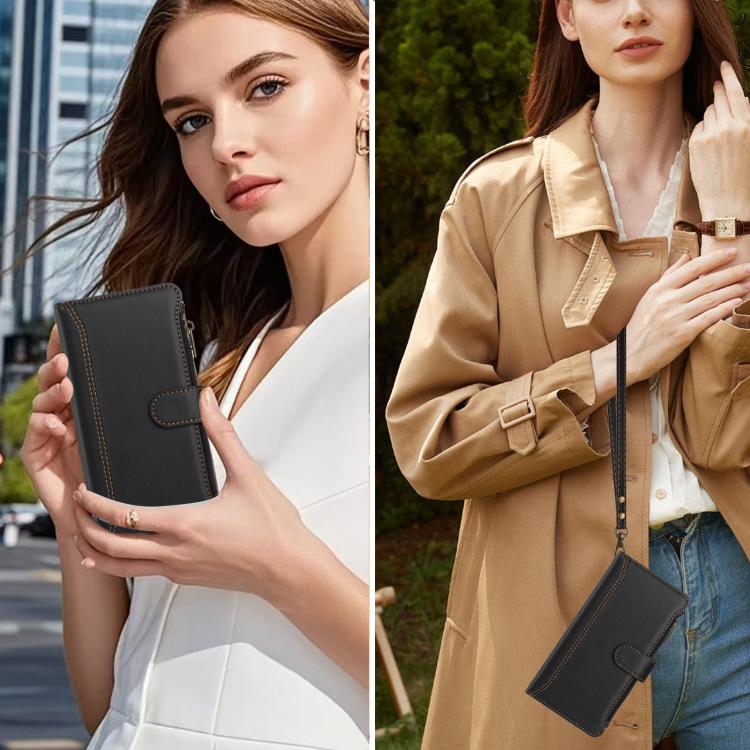 For Honor Magic6 Pro 5G Global Magnetic Closure 9 Card Slots Zipper Leather Case with Hand Strap