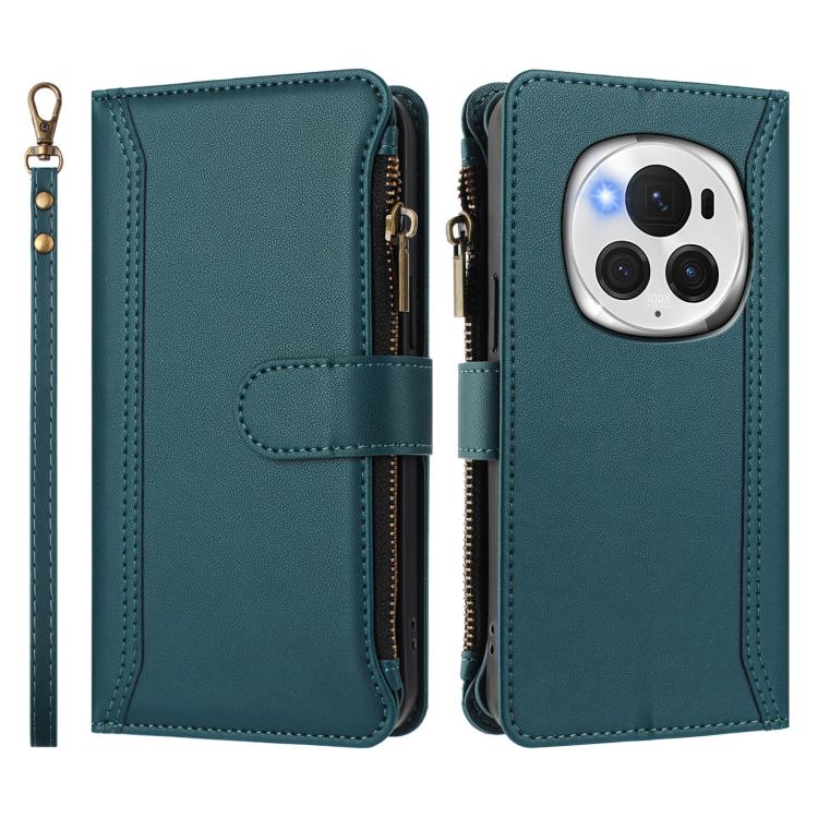 For Honor Magic6 Pro 5G Global Magnetic Closure 9 Card Slots Zipper Leather Case with Hand Strap