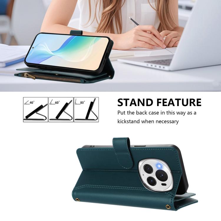 For Honor Magic6 Pro 5G Global Magnetic Closure 9 Card Slots Zipper Leather Case with Hand Strap