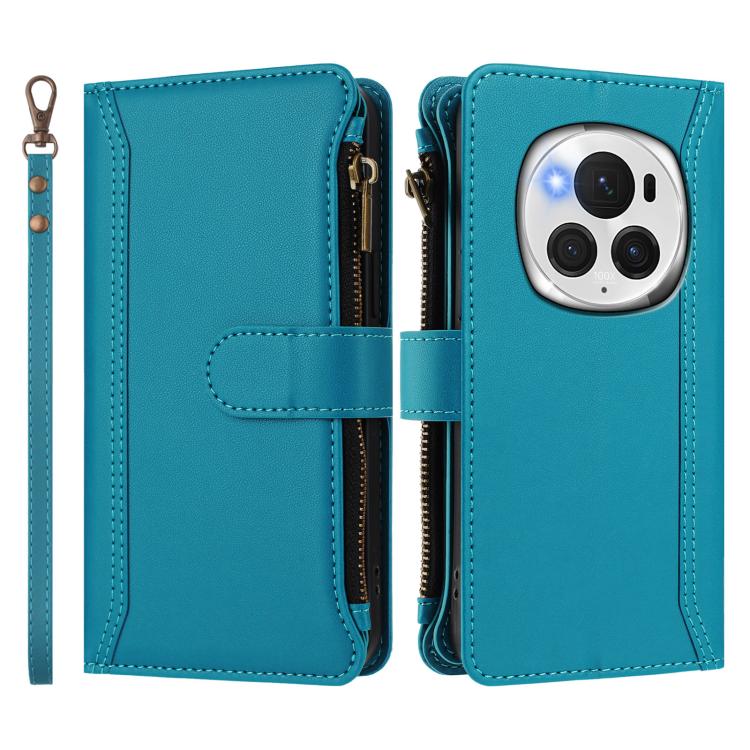 For Honor Magic6 Pro 5G Global Magnetic Closure 9 Card Slots Zipper Leather Case with Hand Strap
