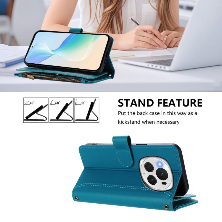 For Honor Magic6 Pro 5G Global Magnetic Closure 9 Card Slots Zipper Leather Case with Hand Strap