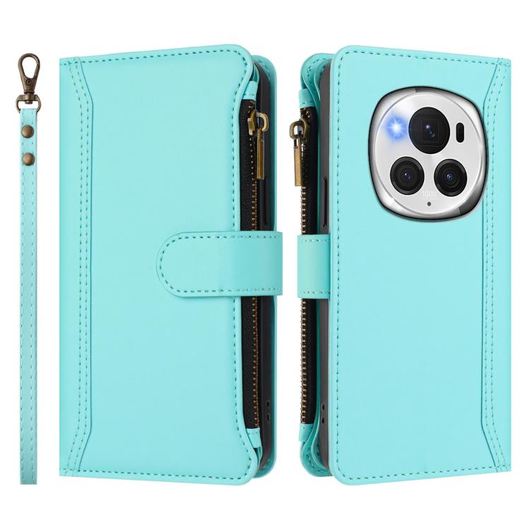 For Honor Magic6 Pro 5G Global Magnetic Closure 9 Card Slots Zipper Leather Case with Hand Strap